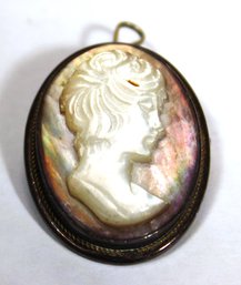 Antique Carved Abalone Shell Cameo Brooch Pendant In .800 Silver