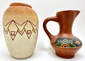 Sioux Pottery Vase & Small Mexican Red Clay Ceramic Pitcher