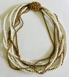 VINTAGE SIGNED VOQUE JLRY GOLD TONE & WHITE BEAD NECKLACE