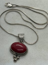 Fine Vintage Sterling Silver Red Coral Cabochon Pendant Necklace