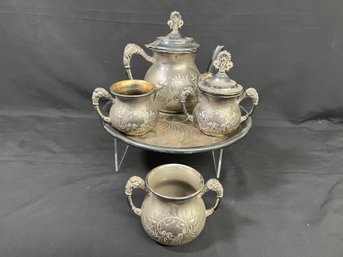 Empire Quadruaple Silver Plate Antique Tea Set - Serving Platter, Cream, Sugar, Mug, Teapot