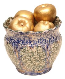 Large Stunning Blue, White And Gold Craquelure Scalloped Ceramic Spongeware Bowl With Golden Apples