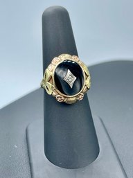 Antique Tri Color Gold Black Onyx & Diamond 10k Gold Ring