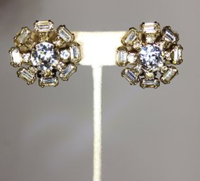 Pair Signed WEISS White Rhinestone Earrings Ear Clips