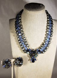 Vintage Eugene Signed Blue Rhinestone Necklace & Earrings Demi-Parure