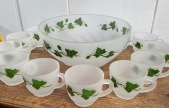 Vintage FEDERAL Frosted Glass Swirl Punch Bowl With 12 Cups - Painted Ivy Decoration