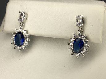 Beautiful Brand New Sterling Silver / 925 With Sapphire And Encircled With White Zircons - Very Elegant Pair