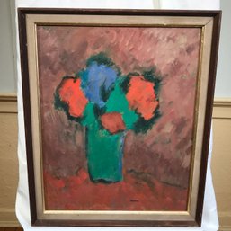 Original James Pascucci Painting - Red, Blue & Green Flowers - Oil On Masonite - 18-1/4' X 22-1/4'