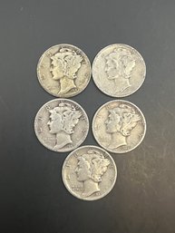 5 Beautiful Mercury Dimes 1941, 1942, 1943, 1944, 1945