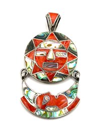 Gorgeous Vintage Sterling Silver Abalone And Coral Color Inca Sun Moon Inlay Pendant