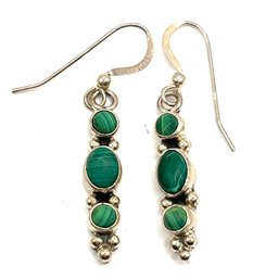 Vintage Geneva J.A. Designer Sterling Silver Malachite Dangle Earrings