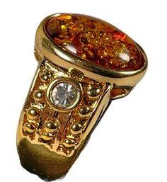 Fine Contemporary Gold Plated Ladies Ring W Genuine Amber Stone