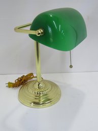 Vintage  Bankers Desk Lamp Green Glass Shade Brass Stand -Working