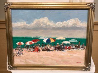 Nice Original James Pascucci Painting - Umbrellas / Beach - Oil On Masonite - SKU: 01-11-1413