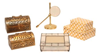 Adjustable Gold Magnifying Glass, Glass Soldered  Box, 2 Reticulated Brass Chests,  And 2 Diamond Fabric Boxes