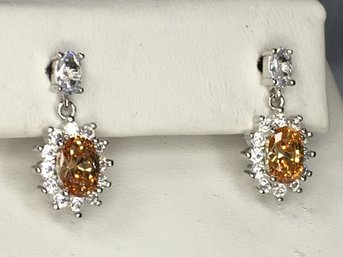 Lovely Brand New 925 / Sterling Silver Earrings With Orange Topaz Encircles With White Topaz - Very Pretty !