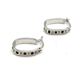 Vintage Sterling Silver Black And Clear Stone Hoop Earrings