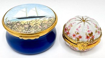 2 Miniature Clamshell Trinket Boxes: Vintage Hand Painted, Signed & Boat By Kedron Design