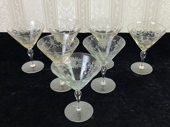 Several Piece Set Etched Glass Martini Glasses