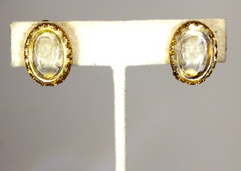 Vintage Gold Tone Clip Earrings Having Acid Etched Intaglio Glass Cameos