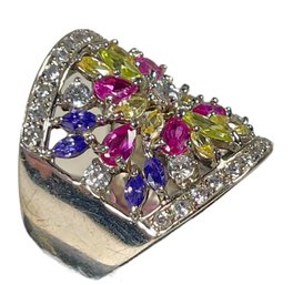 Large Fancy Contemporary Sterling Silver Ladies Ring W Gemstones