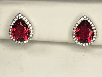 Fabulous Large Brand New Sterling Silver / 925 Teardrop Earrings With Garnets Encircled With Gleaming Zircons