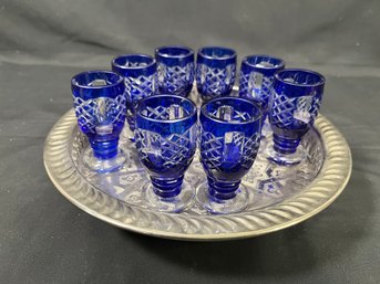 Set Of 8 Vintage Cut Cobalt Blue Italian Cordial Glasses & Footed Tray