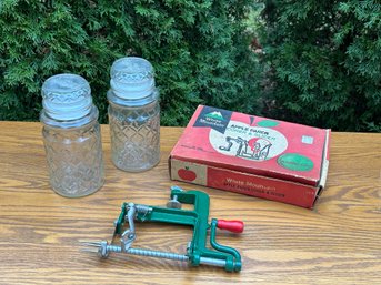 Vintage Apple Peeler & Planters Peanuts Jars