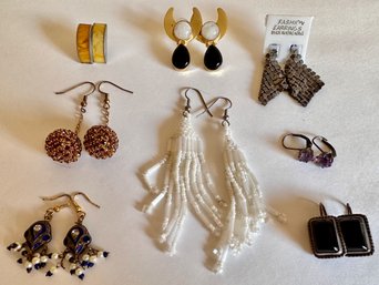 8 Pairs Vintage Earrings: Sterling Silver With Yellow Stone, Beaded & More