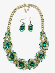 Goldtone & Emerald Color Rhinestone Necklace & Earring Set
