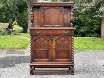 A Vintage Carved Mahogany Gothic Revival China Cabinet, C. 1920's