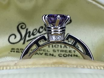 Fabulous VERY Unusual Sterling Silver / 925 Queens Crown Setting Ring With Amethyst And White Zircons - Wow
