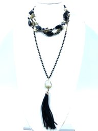 Pairing Of 2 Necklaces - Druzy Quartz, Glass & Faux Pearl