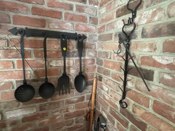 WROUGHT IRON RACK W/ LADLES AND SCALE