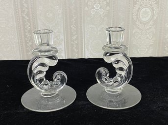 Pair Of Feather Scroll Depression Glass Crystal Candle Holders Candlesticks