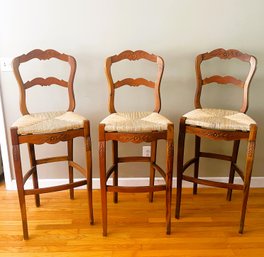 Trio Of Very Tall Wooden Ladder Back Chairs With Rush Seats