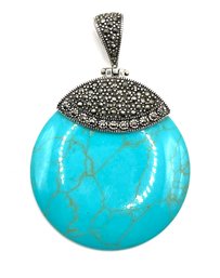 Sterling Silver Turquoise Color Marcasite Large Round Pendant