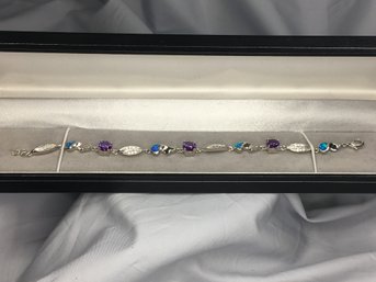 Fantastic Brand New 925 / Sterling Silver 7' Bracelet With Australian Opal And Natural Amethyst - Never Worn