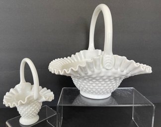 Lot Of 2 Hobnail Milk Glass Ruffled Edge Baskets Unmarked