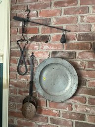 A FISH SCALE, LARGE PEWTER PLATTER, AND A COPPER COOK POT