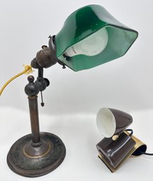 Antique Banker's Lamp & Mid-Century Modern Small Tensor Lamp With Clip