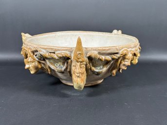 A Very Interesting Art Pottery Bowl With Character Faces Around The Rim