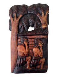 VINTAGE AFRICAN WOODEN HAND CARVED WALL HANGING RELIEF SCULPTURE