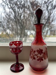 Antique Miniature Etched Ruby Glass Decanter And Wine Glass. 5 3/4' Tall