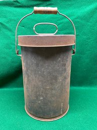 Antique Steel Bucket With Turned Wood Handle On Wire Bail With Handled Top. Great Rust Patina.