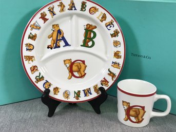 Very Cute TIFFANY & Co Baby Feeding Set - ALPHABET BEARS By Tiffany & Co - Divided Dish & Mug - Two Piece Set