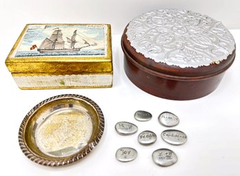 Vintage Sterling Silver Miniature Trinket Tray, 2 Wood Covered Boxes & 6 English & Chinese Zen Stones