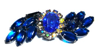 Vintage 1960s Large Blue Rhinestone Floral Form Brooch