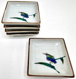 Set Of 5 New Small Square Japanese Porcelain Dishes, Bird Design, Never Used