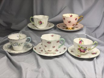 Group Lot Of Five (5) Vintage SHELLEY Tea Cups And Saucers - Delicate Fine Bone China - Made In England
